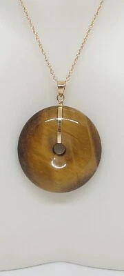 Colgante Ojos de Tigre 25X25mm Donut Suerte Oro Amarillo 14K con Cadena CUERDA de 18" Foto 1 de 4