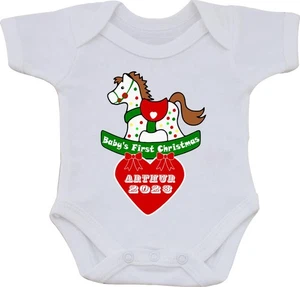 PERSONALISED BABYS FIRST CHRISTMAS FUNNY COTTON FULL COLOUR BABY VEST OR BIB - Picture 1 of 2