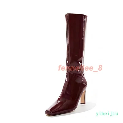 Women's Knee High Boots Block Heels Shoes Shiny Leather Sexy Fashion Office Lady - Image 1 of 4