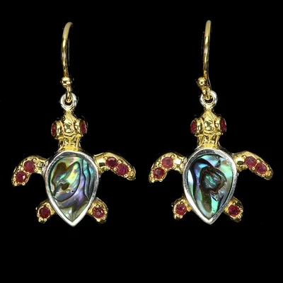 925 Sterling Silver Earrings Round Ruby Mop Natural Gemstone Turtle Jewelry - Image 1 of 4