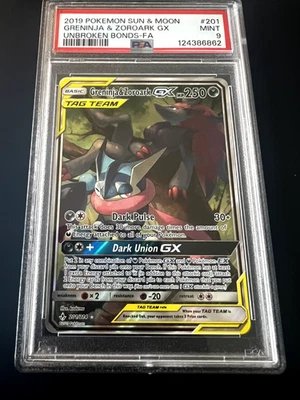 2019 POKEMON SUN & MOON GRENINJA & ZOROARK GX UNBROKEN BONDS-FA #201 PSA 9 - Image 1 of 2