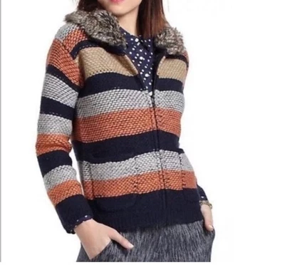 Sparrow Multicolor Striped Cardigan with Faux Fur Collar - Image 1 of 4