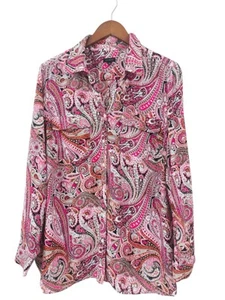 Talbots Shirt Top Womens XL Colorful Pink Paisley Button Up Tab Sleeves Tunic - Picture 1 of 10