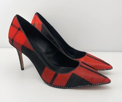 Zapatos de salón de pelo Coach Tamera rojo negro a cuadros tacón de aguja talla 11 sirena de oficina Foto 1 de 4
