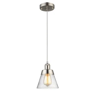 Modern Glass Pendant Light With Handblown Clear Seeded Glass Shade Onelight Adju - Picture 1 of 7