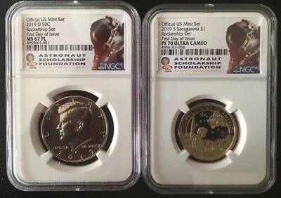 2019 Rocketship set Kennedy Half Dollar ms 67 pl Sacagawea pf 70 pl First Day  - Image 1 of 4
