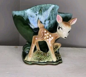 Vintage kitschig Disney Stil Bambi Rehkitz Tropfglasur Keramik Übertopf Ist-Zustand - Bild 1 von 10