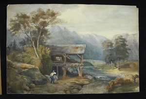 Emile COUTURIER 1873 dessin original signé bord rivière en montagnes pont XIXe - Imagen 1 de 5