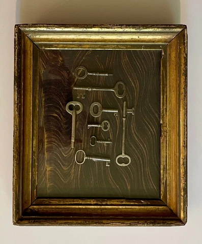 Awesome Framed Set Antique Skeleton Keys, Victorian Frame, Hand Painted Graining Cover