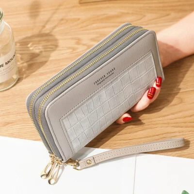 Mujeres Gran Capacidad Viaje Doble Cremallera Teléfono Muñequera Billetera Cuero Bolso sin asas Regalo Foto 1 de 4