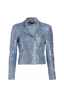 Generation Love Robin Sequin Moto Jacket Long Sleeves Cropped Silver Blue Sz XS - Picture 1 of 13