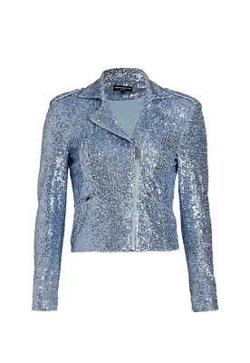 Generation Love Robin Sequin Moto Jacket Long Sleeves Cropped Silver Blue Sz XS - Image 1 of 4