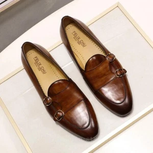 Mocassini uomo vera pelle dipinti a mano cinturino monaco eleganti scarpe da sposa - Foto 1 di 12