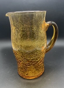 Crackle Glass Amber Pitcher Medium 8in Vintage Beautiful Condition Hand Blown - Picture 1 of 16
