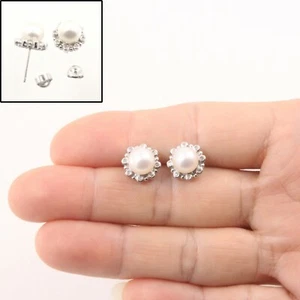 14k Solid White Gold Diamond & White Pearl Stud Earrings - Picture 1 of 12