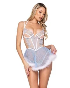 Roma Confidential Snow Queen Babydoll Snowflakes Sequins Marabou Trim Blue LARGE - Picture 1 of 3