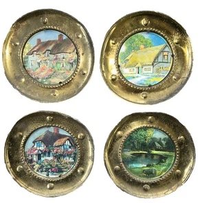 VTG Foil Art Cottage Scenes Miniature Wall Gallery Hanging England Brass Frames - Picture 1 of 7