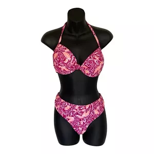 mambo Women Sz 12 Bikini Halter Top Ruched Side Bottoms Swim Pink Floral Bathers - Picture 1 of 11