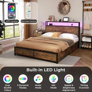 Double Size Bed Frame Metal Platform Bed w/4 Storage Drawers & Storage Headboard - Picture 1 of 19