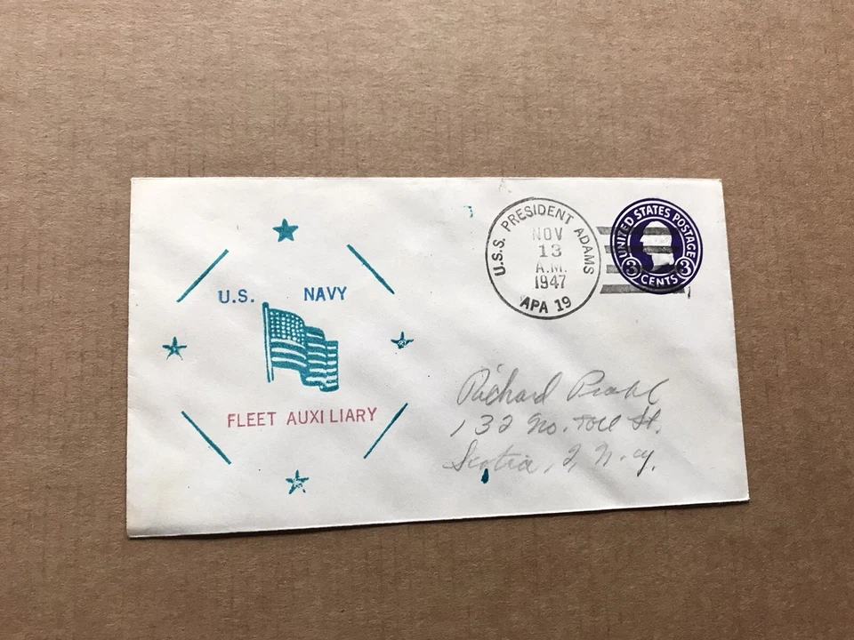 US 1947 Naval Cover +USS President Adams +US Flag/Navy Fleet Auxiliary Cachet - Image 1 of 1
