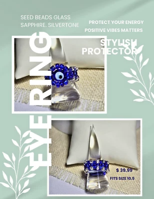 Evil Eye Ring Your Stylish Guardian! Sz 10.5 Sapphire & Silve Glass Seed Beads - Image 1 of 4