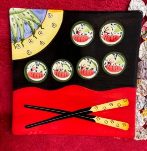 Handpainted Sushi Plate Bright Red & Black Design w Pcs of Sushi Chopsticks Etc. - Picture 1 of 6