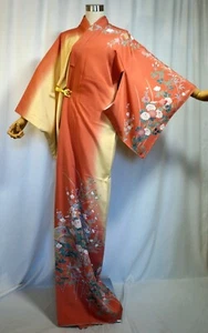 Japanese kimono "HOUMONGI", Gold leaf, Plants, shading,Pink,Yellow, L5' 6".3026 - Picture 1 of 16
