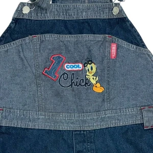 Salopette bavaglino vintage anni 90 Looney Tunes corta tweety bird denim blu jeans 22W-24W - Foto 1 di 10