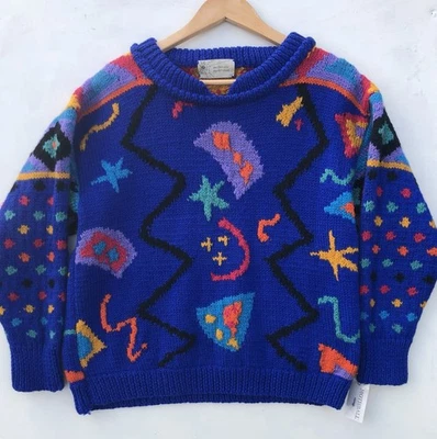 Vintage 80s Abstract Hand Knit Wool Jumper Poss. Patricia Roberts Designer 42” - Image 1 of 4