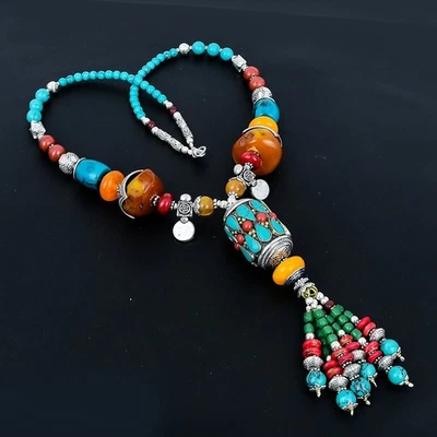 Collana di perle in argento sterling 925 etnico boemo corallo ambra... - Immagine 1 di 4