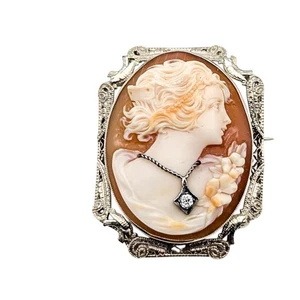Vintage 14K White Gold Cameo Brooch Pendant - Picture 1 of 6