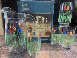 5 Luminarc 16oz Tumblers PITCHER Tulips VINTAGE Spring Garden RED BLUE GREEN - Picture 1 of 5
