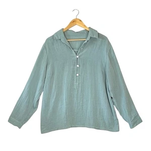 FRIDAZE Solid Aqua 100% Linen Button Up Casual Shirt Roll Tab Square Buttons XL - Picture 1 of 8