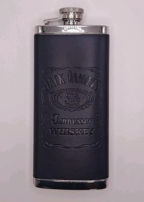 New Jack Daniels Old No 7 Stainless Steel Flask W/Black Leather Cover 2010 5oz - Image 1 of 4