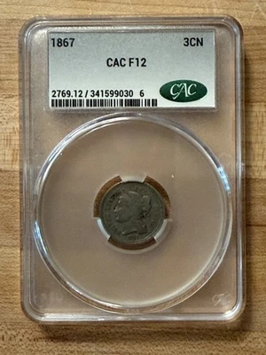 1867 3¢ Nickel – CAC F12 Certified – Civil War-Era Type Coin  - Image 1 of 4