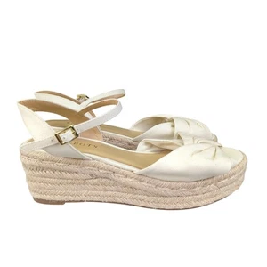 Talbots Espadrille Wedge Platform Sandals White Canvas Bow Ankle Strap Sz 8M - Picture 1 of 8