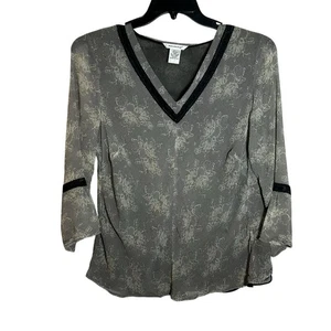 VTG Malcolm 100% Silk Chiffon Top Black White Overlay Floral V-Neck Coquette L - Picture 1 of 11
