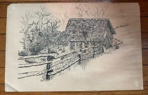 Vintage Pen And Ink Drawing/Sketch Barn, House, Fence, Trees Rustic Countryside - Picture 1 of 9