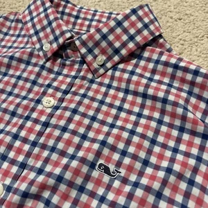 Vineyard Vines Boys Size M Gingham Performance Whale Button Down Shirt-Red/Blue - Picture 1 of 8