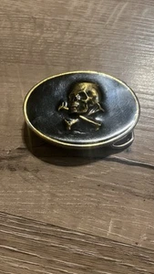 Rare Vintage 1971 Solid Brass & Enamel Black Skull & Crossbones Belt Buckle - Picture 1 of 4
