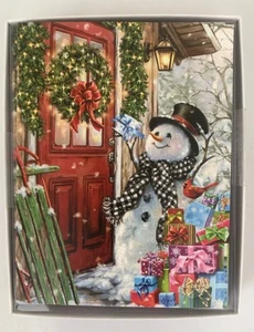 12 CHRISTMAS Leanin Tree Cards Box Set, SNOWMAN W/ PRESENTS BY FRONT DOOR - Picture 1 of 2
