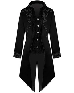 Black Gothic Tailcoat with Silver Embroidery, Velvet Body, and Victorian Details - Picture 1 of 5