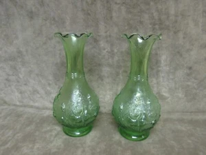 Vintage 1970's Green Color Imperial Glass Stippled Rose Ruffled bud Vase Pair - Picture 1 of 4