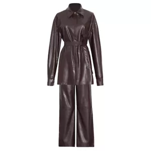 Women Casual Suit Lapel Collar Waist Top+high Waist Wide Leg Pants Two-piece Set - Picture 1 of 21