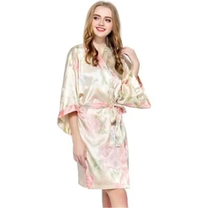 Satin Floral Powder Pink White Japanese Kimono Pajamas Sleepwear Bathrobe XL - Picture 1 of 3