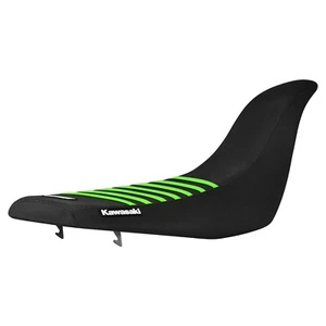 Cubierta de asiento Kawasaki KFX 700 2004-2009 todo negro con costillas FLO GREEN #231 LOGOTIPO - Imagen 1 de 5