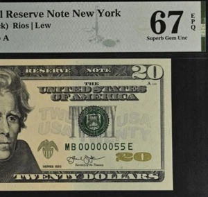 2013 $20 Federal Reserve Note PMG 67EPQ Superb Gem Low Serial Number 00000055 - Picture 1 of 3