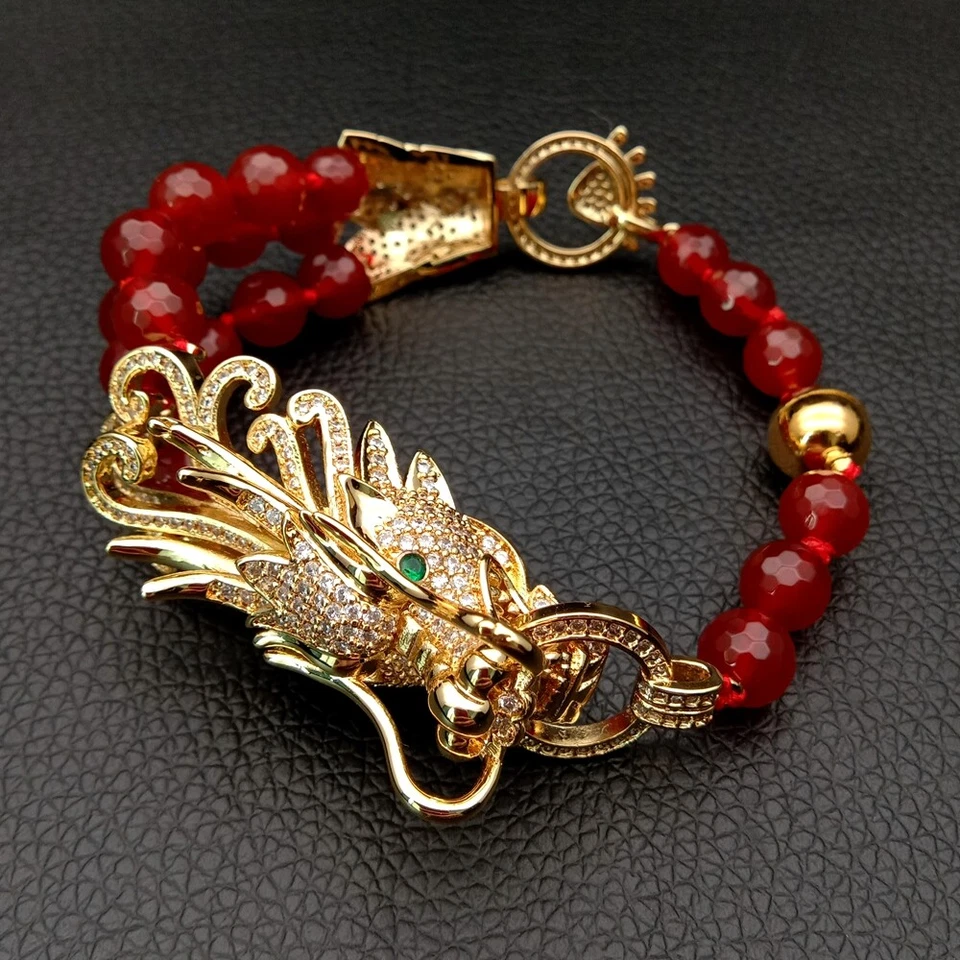 Brazalete Conector Dragón Pavimentado Circonita Cz Ágata Roja Facetada Redonda 8mm Foto 1 de 4