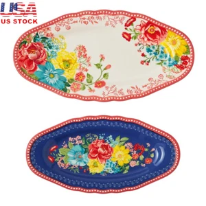 Fancy Flourish Narrow Platter Set of 2 Stoneware Dishwasher Safe Serving Dish US - Picture 1 of 6