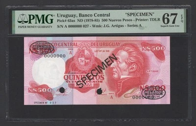 Uruguay 500 Nuevos Pesos ND(1978-85) P63as "Specimen" UNC Graded 67 Top Pop - Image 1 of 2
